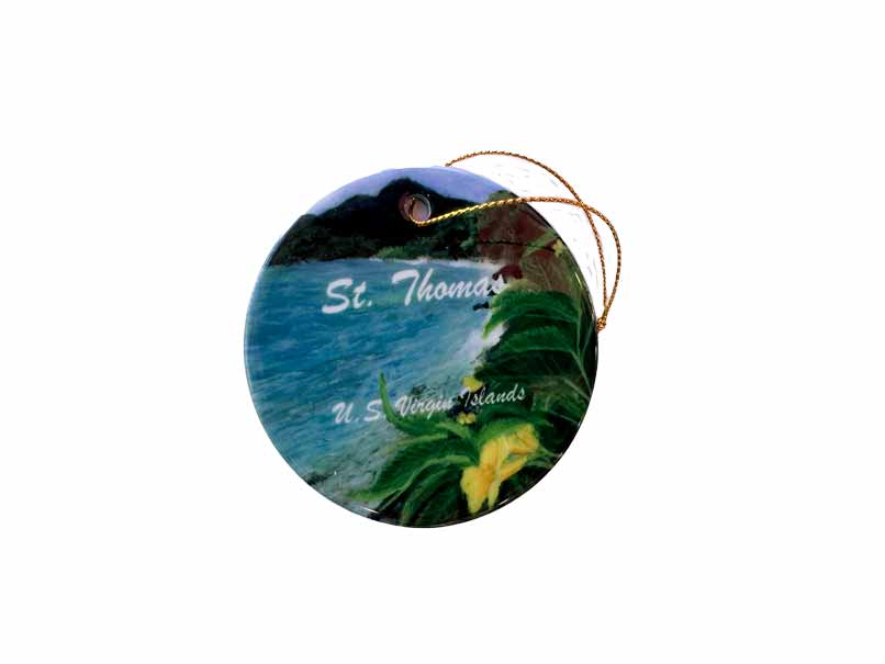 Round ceramic christmas ornament St. Thomas U.S. Virgin Islands Brewers Bay Beach with Ginger Thomas Tecoma Stans Yellow Flower Virgin Islands Territorial Flower