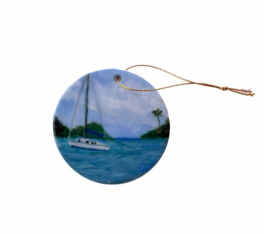 Sailboat Round Ceramic Christmas Ornament