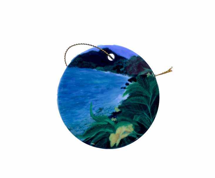 Ginger Thomas Yellow Flower and Brewers Bay Beach on St. Thomas Round Ceramic Christmas Ornament rear