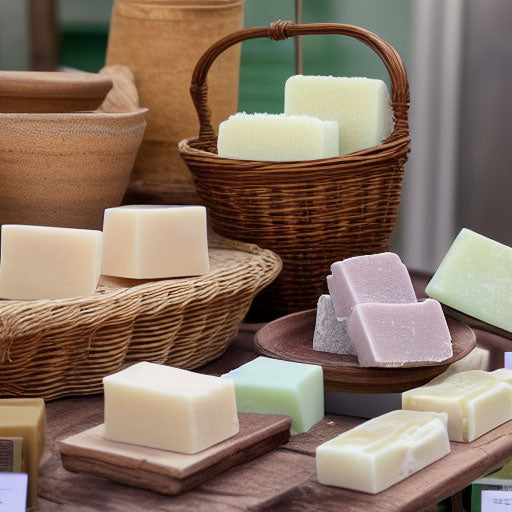 Farmer's market stand with piles of soap bars
