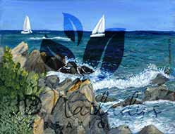 sailboat art print from St. Thomas, U.S. Virgin Islands showing sea, sky, rocks, and boats