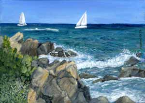 sailboat art print from St. Thomas, U.S. Virgin Islands showing sea, sky, rocks, and boats