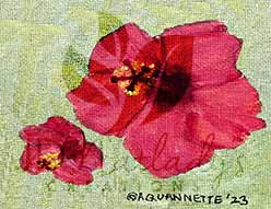 art designed notecards featuring reproduction of acrylic on canvas painting of large red hibiscus flower and small red hibiscus flower on green background