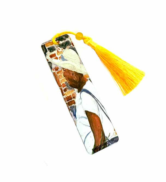 Black woman artwork on one-sided metal bookmark with tassel