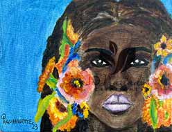 black woman with flowers art print portrait on blue background