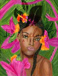 art print of beautiful young black woman with braid with background of pink and yellow flowers and green leaves 