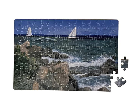 120 piece boat puzzles for adults featuring Limetree Beach on St Thomas, U.S. Virgin Islands by JDNatlady's Creations with artwork from Virgin Islands artist Aquannette Chinnery